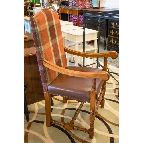 447 - DINING CHAIRS, a set of eight, 17th century style oak including two armchairs in brown check fabric ... 