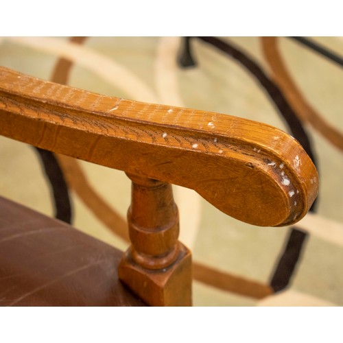 447 - DINING CHAIRS, a set of eight, 17th century style oak including two armchairs in brown check fabric ... 