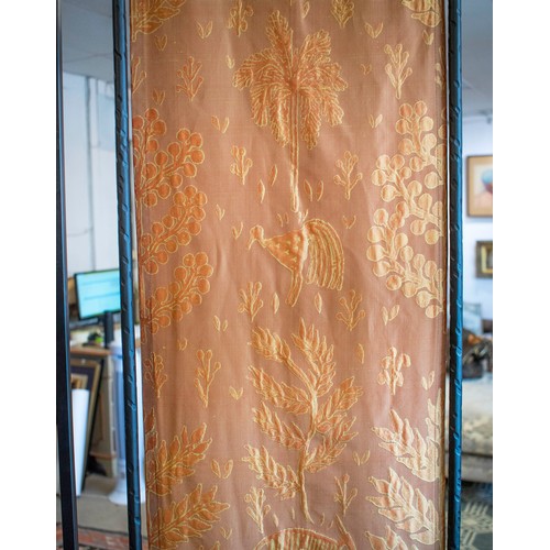 448 - SCREEN, each panel 235cm H x 51cm W, black metal and orange fabric.