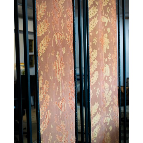 448 - SCREEN, each panel 235cm H x 51cm W, black metal and orange fabric.