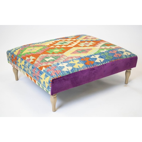 449 - HEARTH STOOL, 36cm H x 107cm W x 86cm D, light oak with kilim and purple velvet upholstery.