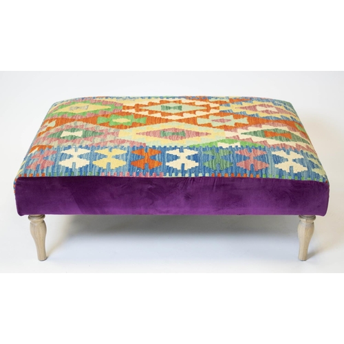 449 - HEARTH STOOL, 36cm H x 107cm W x 86cm D, light oak with kilim and purple velvet upholstery.