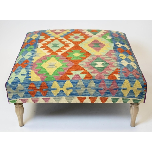 449 - HEARTH STOOL, 36cm H x 107cm W x 86cm D, light oak with kilim and purple velvet upholstery.