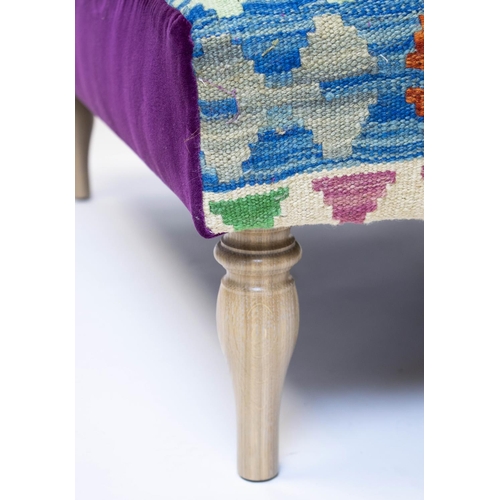 449 - HEARTH STOOL, 36cm H x 107cm W x 86cm D, light oak with kilim and purple velvet upholstery.