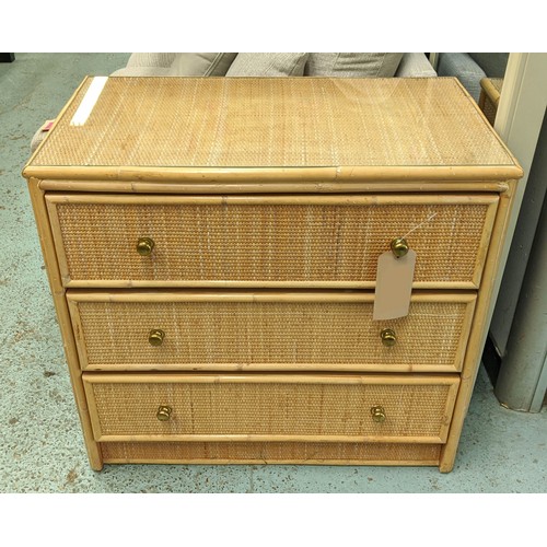 451 - CHEST OF DRAWERS, 79cm x 45cm x 73cm, 1970's Italian style bamboo and rattan, glass top, three drawe... 