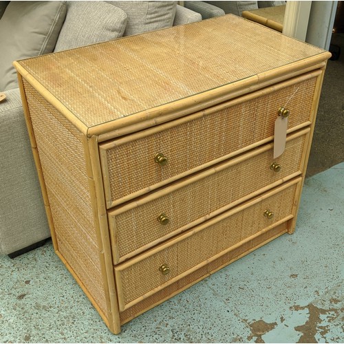 451 - CHEST OF DRAWERS, 79cm x 45cm x 73cm, 1970's Italian style bamboo and rattan, glass top, three drawe... 