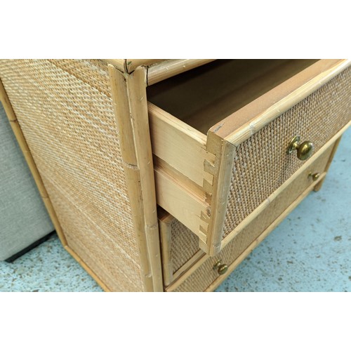 451 - CHEST OF DRAWERS, 79cm x 45cm x 73cm, 1970's Italian style bamboo and rattan, glass top, three drawe... 