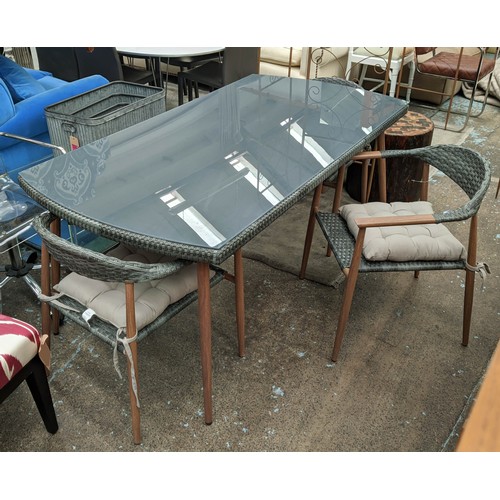 434 - GARDEN DINING SET, including table with 4 chairs, with faux rattan detail, glass top, differing cush... 