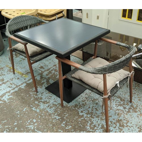 435 - TERRACE DINING SET including table and 2 chairs, faux rattan detail to chairs, comes with seat cushi... 