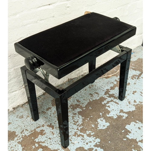 457 - PIANO STOOL, 67cm x 33cm x 58cm at tallest, height adjustable design, black velvet seat, lacquered f... 