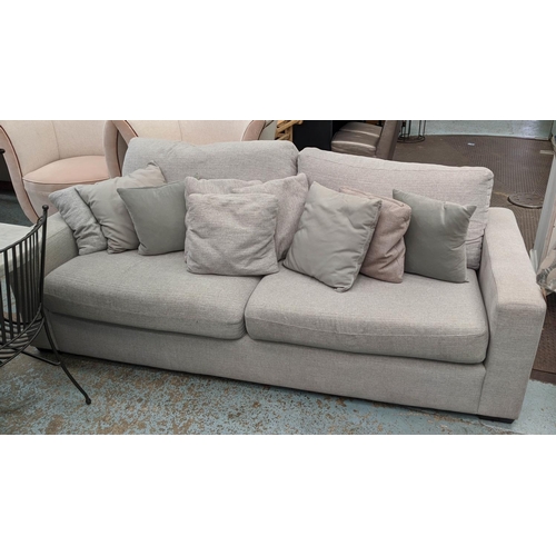 458 - SITS SOFA, grey fabric upholstered, ebonised block feet, 215cm W.