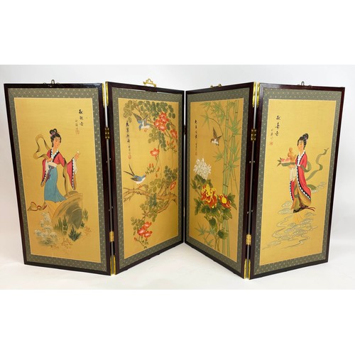 11 - FOUR FOLD CHINESE SCREEN, handpainted on silk with figures bamboo and birds with two matching panels... 