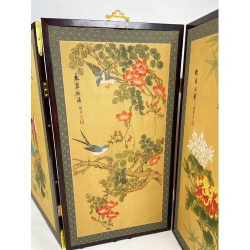 11 - FOUR FOLD CHINESE SCREEN, handpainted on silk with figures bamboo and birds with two matching panels... 