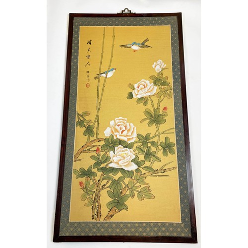 11 - FOUR FOLD CHINESE SCREEN, handpainted on silk with figures bamboo and birds with two matching panels... 