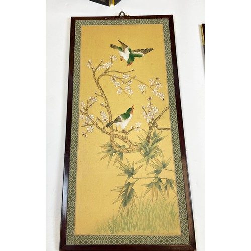 11 - FOUR FOLD CHINESE SCREEN, handpainted on silk with figures bamboo and birds with two matching panels... 