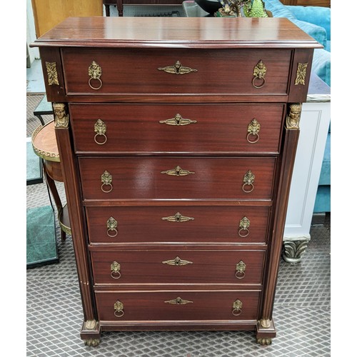 125 - TALL CHEST, Empire style mahogany with applied gilt metal detail and six drawers, 74cm x 35cm x 116c... 