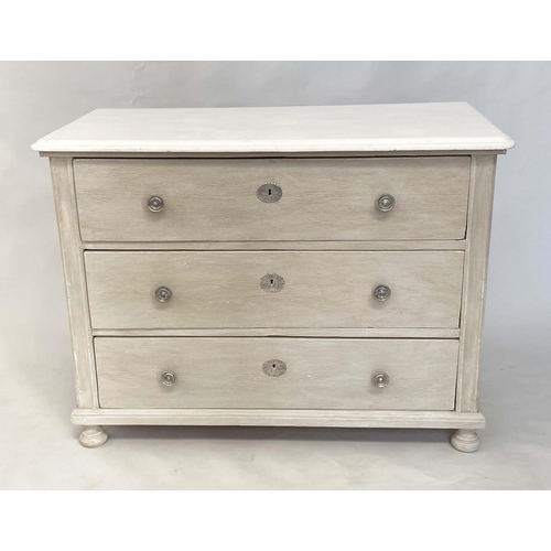 156 - COMMODE, 19th century French traditionally grey painted with three long drawers and white moulded to... 
