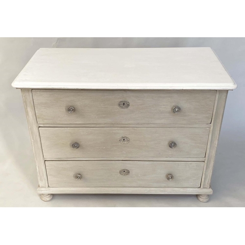 156 - COMMODE, 19th century French traditionally grey painted with three long drawers and white moulded to... 