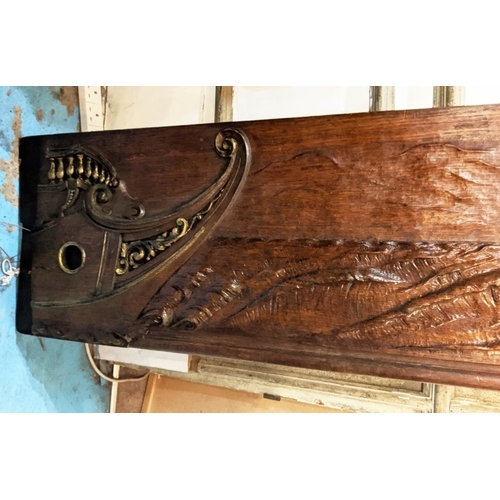 29 - CARVED WOOD PANEL 43cm H x 295cm L, oak, early 20th century, depicting two ships, a rolling sea and ... 