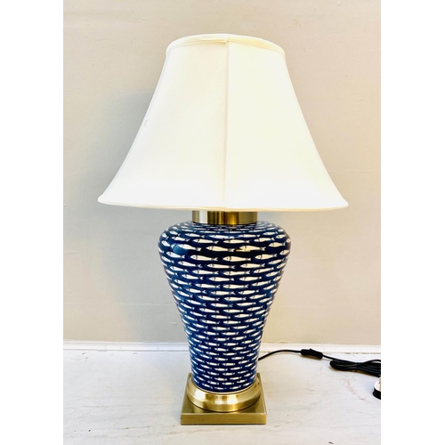 366 - TABLE LAMP, 74cm high, 50cm diameter, blue and white ceramic with fish design, shade.
