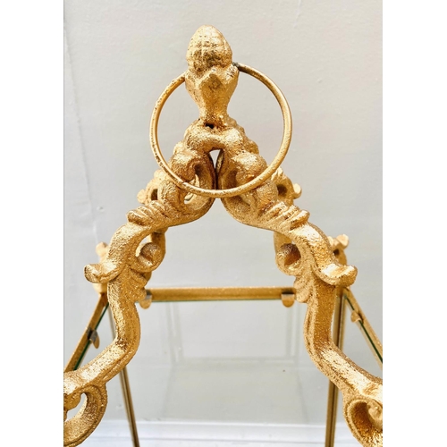 367 - STORM LANTERNS, 60cm high, 27cm wide, a pair, square sectioned, gilt metal frames glazed sides. (2)