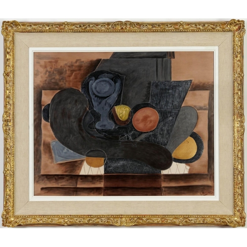 108 - AFTER GEORGES BRAQUE, Nature Morte on silk, signed in the plate, Vintage French frame, 64cm x 78cm.