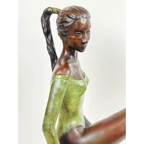 12 - JONATHAN WYLDER (b. 1957), a bronze ballerina sitting on the barre, signed and numbered 1/25, 80cm H... 