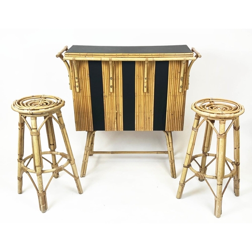 153 - COCKTAIL BAR AND STOOLS, vintage Italian bamboo, 105cm H x 108cm W x 42cm D. (3)