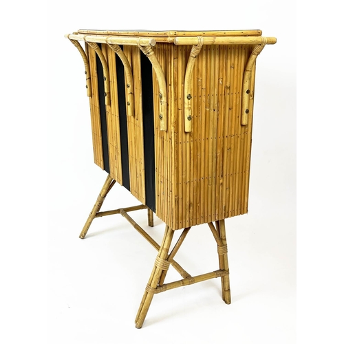 153 - COCKTAIL BAR AND STOOLS, vintage Italian bamboo, 105cm H x 108cm W x 42cm D. (3)