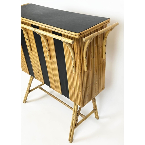 153 - COCKTAIL BAR AND STOOLS, vintage Italian bamboo, 105cm H x 108cm W x 42cm D. (3)