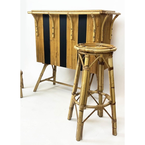 153 - COCKTAIL BAR AND STOOLS, vintage Italian bamboo, 105cm H x 108cm W x 42cm D. (3)