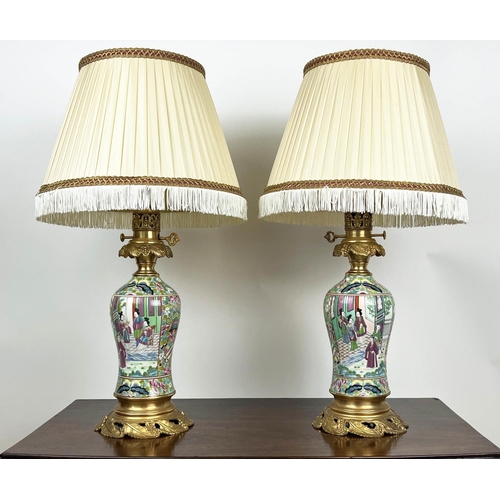 155 - TABLE LAMPS, a pair, Cantonese hand-painted porcelain baluster form with fine ormolu mounts and silk... 