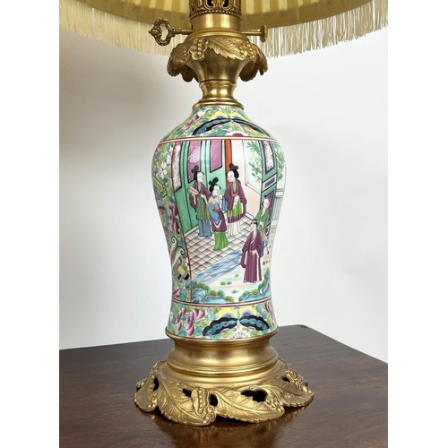 155 - TABLE LAMPS, a pair, Cantonese hand-painted porcelain baluster form with fine ormolu mounts and silk... 