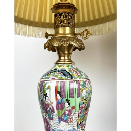 155 - TABLE LAMPS, a pair, Cantonese hand-painted porcelain baluster form with fine ormolu mounts and silk... 