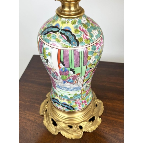 155 - TABLE LAMPS, a pair, Cantonese hand-painted porcelain baluster form with fine ormolu mounts and silk... 