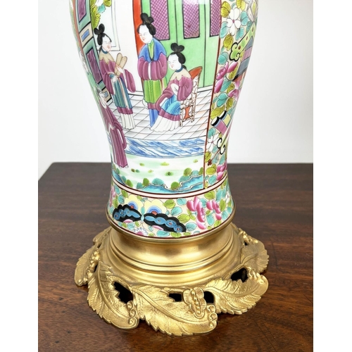 155 - TABLE LAMPS, a pair, Cantonese hand-painted porcelain baluster form with fine ormolu mounts and silk... 