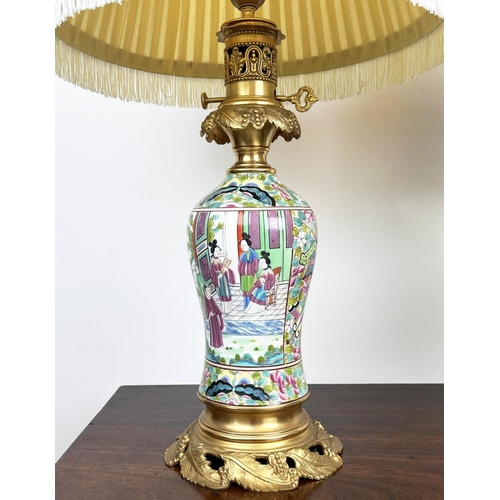 155 - TABLE LAMPS, a pair, Cantonese hand-painted porcelain baluster form with fine ormolu mounts and silk... 