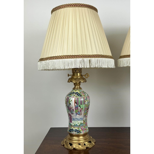 155 - TABLE LAMPS, a pair, Cantonese hand-painted porcelain baluster form with fine ormolu mounts and silk... 