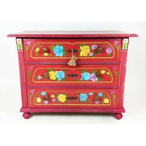 157 - HUNGARIAN PAINTED CHEST, 19th century folk art painted with three long drawers, 84cm H x 112cm W x 5... 