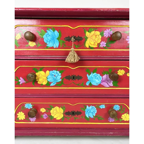 157 - HUNGARIAN PAINTED CHEST, 19th century folk art painted with three long drawers, 84cm H x 112cm W x 5... 