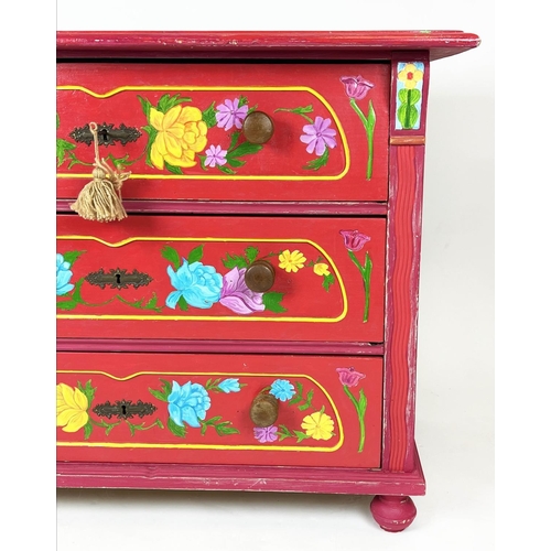 157 - HUNGARIAN PAINTED CHEST, 19th century folk art painted with three long drawers, 84cm H x 112cm W x 5... 