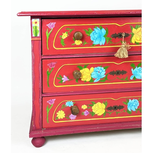 157 - HUNGARIAN PAINTED CHEST, 19th century folk art painted with three long drawers, 84cm H x 112cm W x 5... 