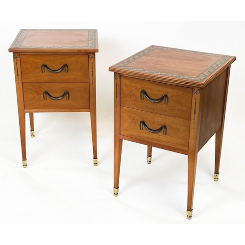 158 - BEDSIDE CHESTS, a pair, Sheraton design painted yewwood, each with two drawers, 69cm H x 45cm x 45cm... 