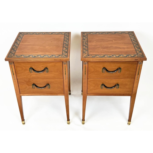 158 - BEDSIDE CHESTS, a pair, Sheraton design painted yewwood, each with two drawers, 69cm H x 45cm x 45cm... 