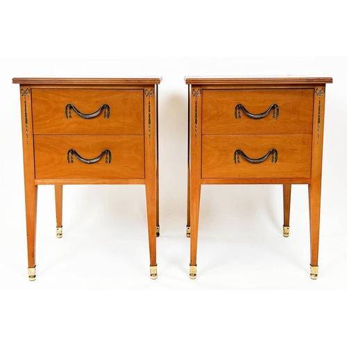 158 - BEDSIDE CHESTS, a pair, Sheraton design painted yewwood, each with two drawers, 69cm H x 45cm x 45cm... 