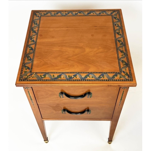 158 - BEDSIDE CHESTS, a pair, Sheraton design painted yewwood, each with two drawers, 69cm H x 45cm x 45cm... 