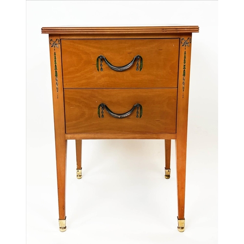 158 - BEDSIDE CHESTS, a pair, Sheraton design painted yewwood, each with two drawers, 69cm H x 45cm x 45cm... 