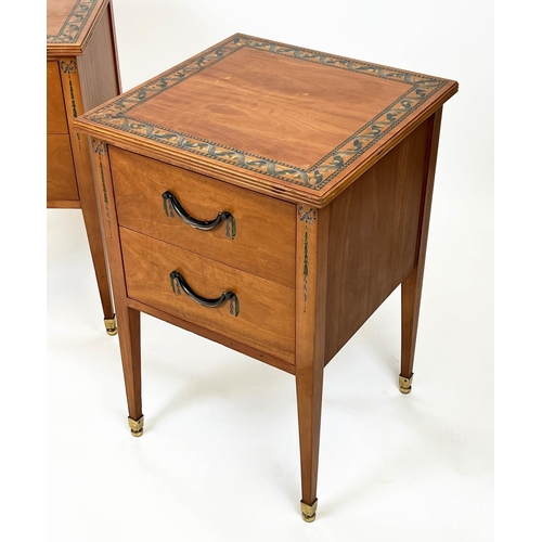 158 - BEDSIDE CHESTS, a pair, Sheraton design painted yewwood, each with two drawers, 69cm H x 45cm x 45cm... 