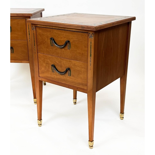 158 - BEDSIDE CHESTS, a pair, Sheraton design painted yewwood, each with two drawers, 69cm H x 45cm x 45cm... 