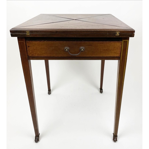 159 - EDWARDIAN ENVELOPE CARD TABLE, mahogany square form with green baize interior, sunken counter wells ... 